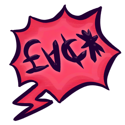 A drawing of a red, spiky speech balloon with four symbols, or grawlixes, inside that visually resemble the english word “fuck” when put together. The symbols are a pound sign (£) for “F,” an upside down capital A (∀) for “U,” a cent sign (¢) for “C,” and an asterisk (*) for “K”. The symbols are very dark purple and appear slightly shiny .